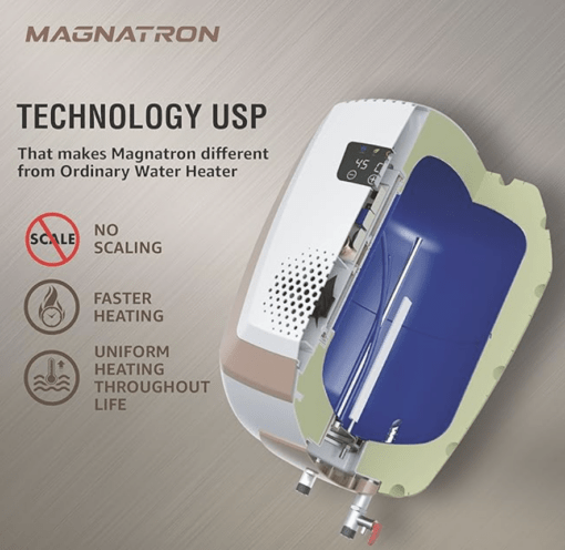 Havells Magnatron 25L India’s First Water Heater(Geyser) having NO HEATING ELEMENT |Minimal Scaling| Faster Heating| Electricity Saving| Shock Safe Plug |Wall Mounting (White Champagne Gold) - Image 3